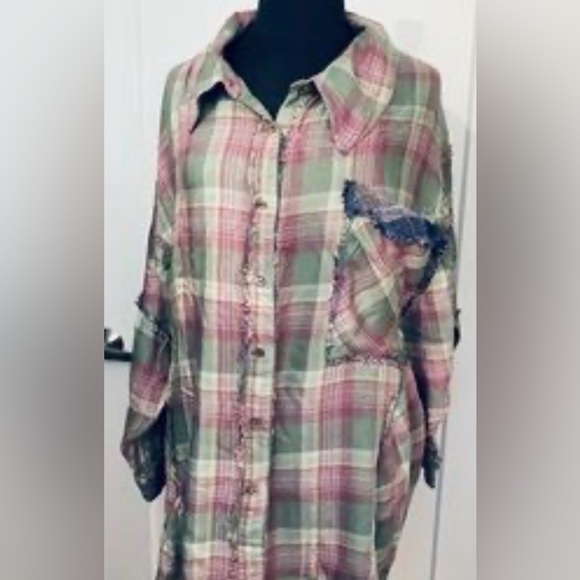 Free People Plaid Patchwork Ruffle Button-Up Flannel Shirt XS 💎EUC Retail $179 - Picture 2 of 8